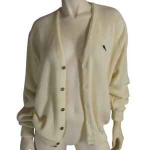 Vintage Cardigan, L, Pale Yellow, Steeplechase, Horse Logo, Button Front
